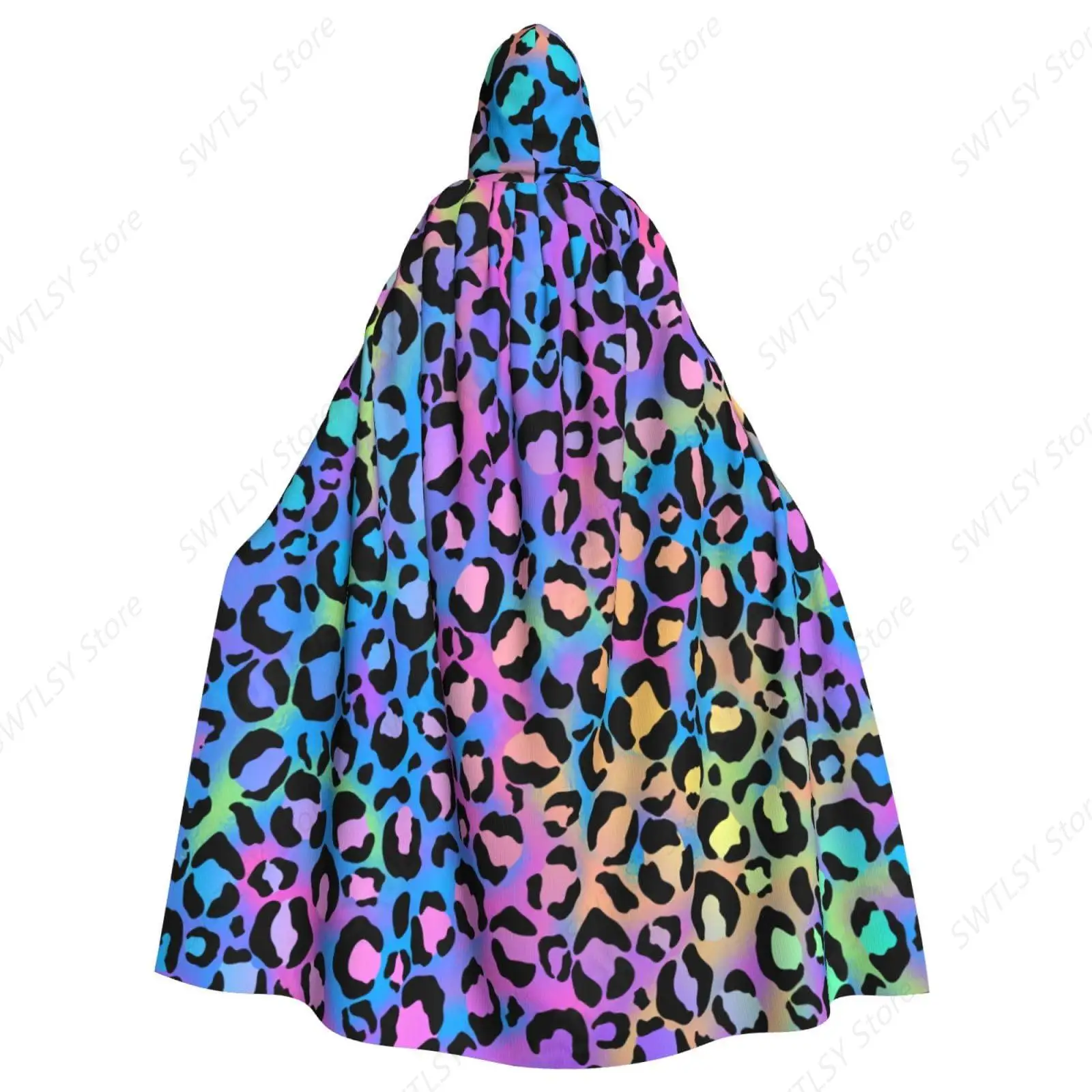 Colorful Leopard Print Halloween Adult Hooded Cape Full Length Cloak Christmas Cosplay Costume Unisex