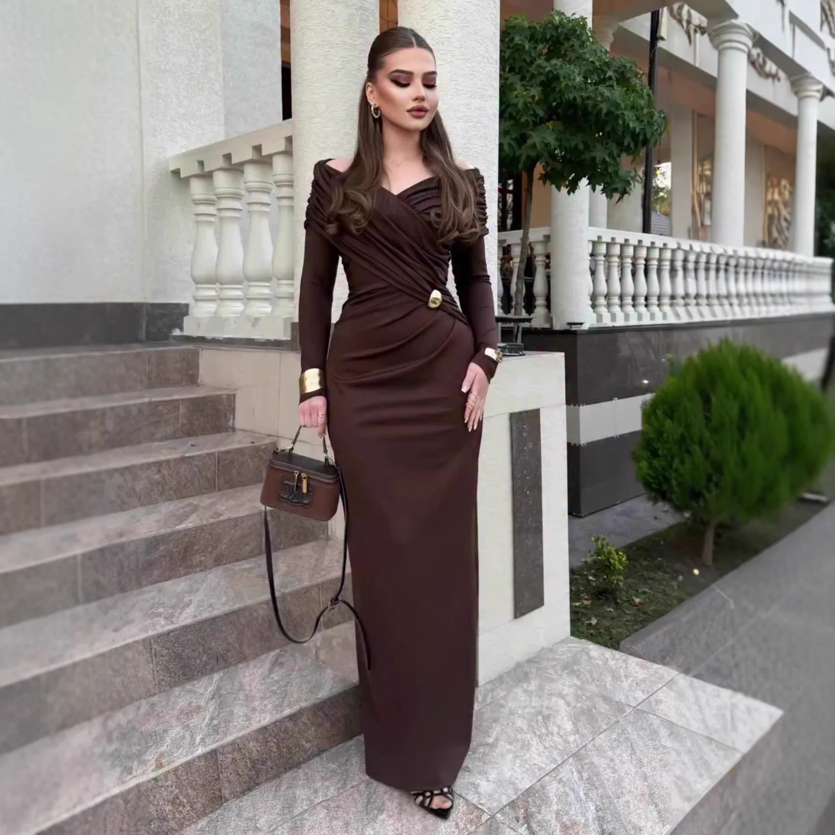 Damenkleider für Partys, Etuikleid mit V-Ausschnitt, Rüschen, Bodenlang, Abendkleid, Formelles Maxikleid, Elegantes Frühlingskleid für Damen 2026