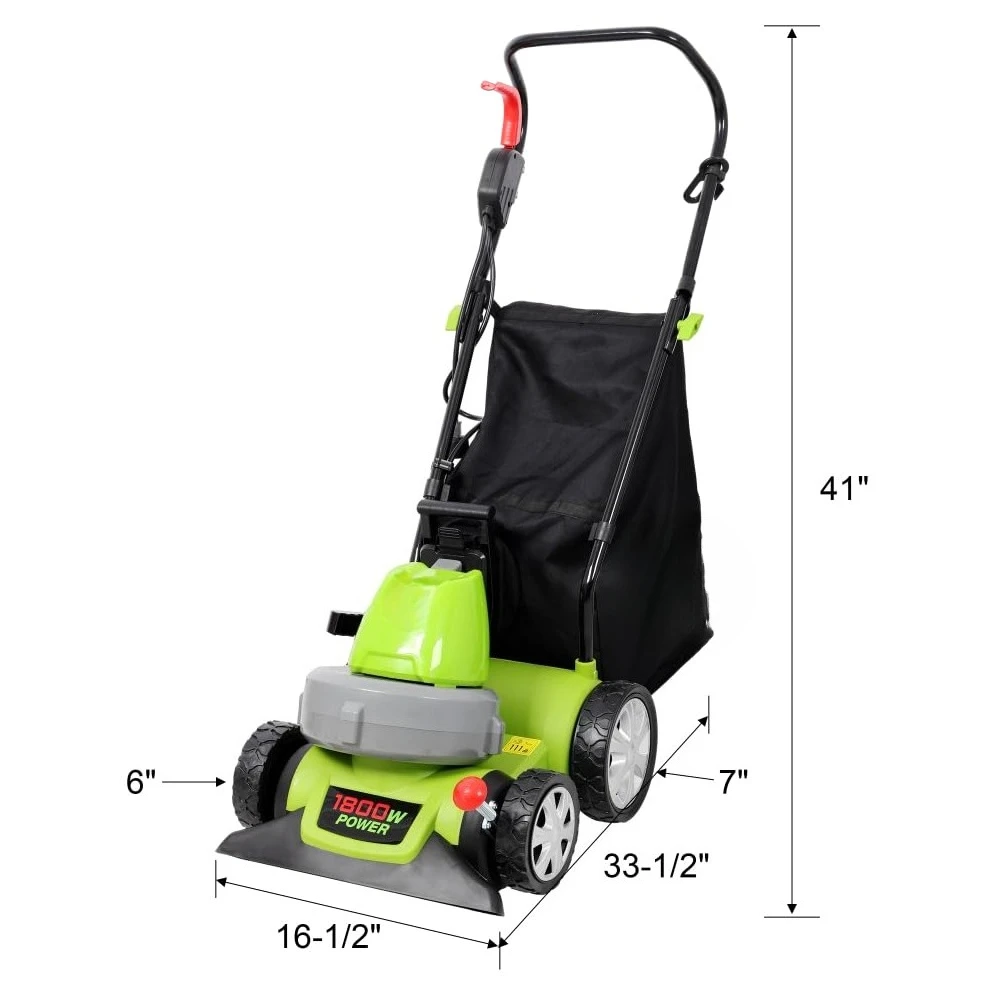 1600W 3-in-1 Electric Leaf Vacuum, Blower & Mulcher – 12 Gallon Collection Bag, 10:1 Shredding Ratio, 41” Handle
