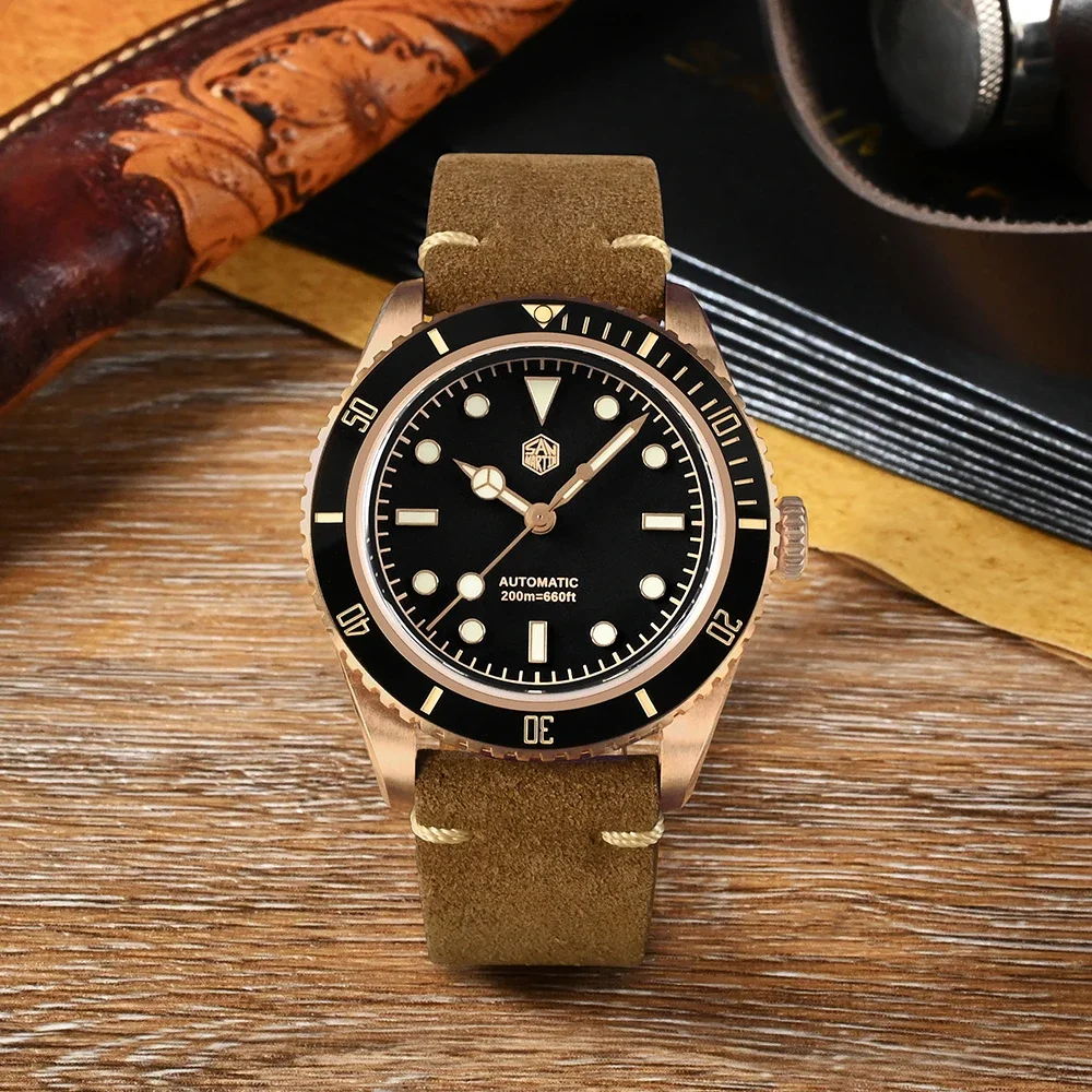 San Martin 38mm Vintage 6200 CuSn8 Bronze Diver Luxury Men Watch PT5000 SW200 Sapphire Automatic Mechanical 20Bar Leather Strap