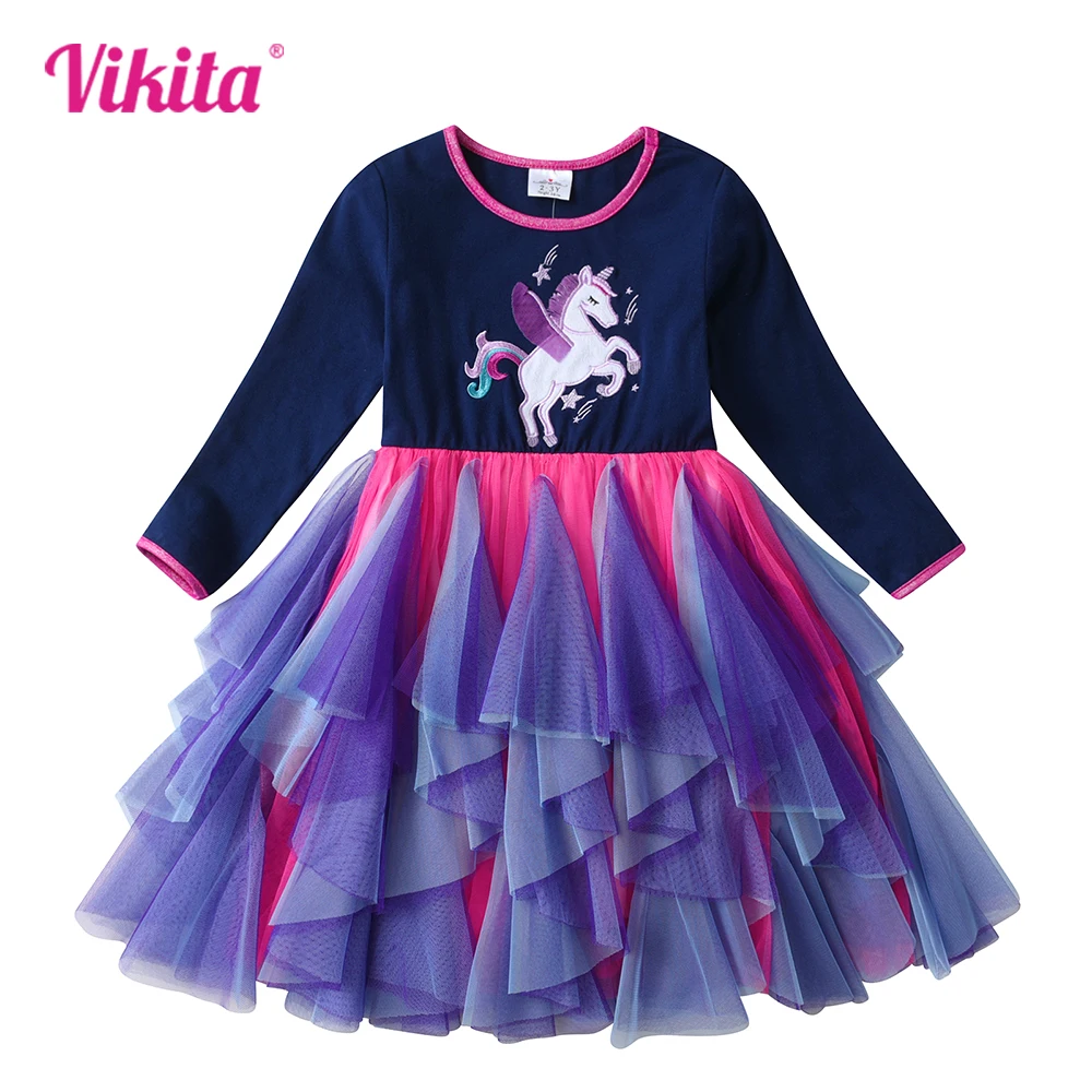 VIKITA Girls Unicorn Princess Dress Kids Autumn Spring Long Sleeve Mesh Tulle Layered Elegant Party Patchwork Dress 3-12 Years