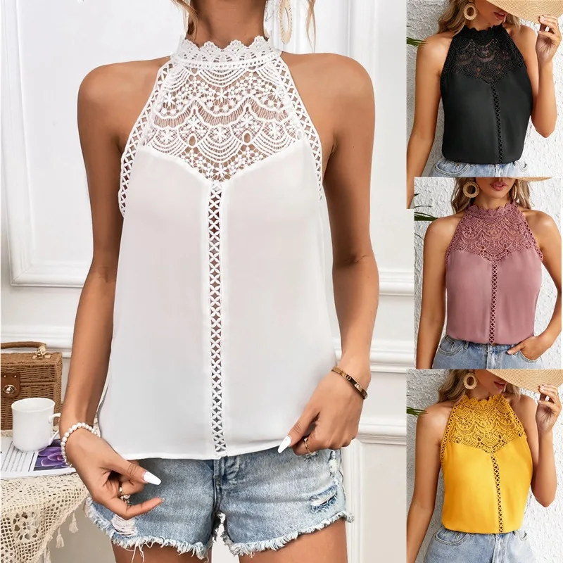 Fashionable White Lace Spliced ​​Shirt And Blouses Women\'s Summer Halter Neck Hollow Lace Sleeveless Vest T Shirt Top Yellow