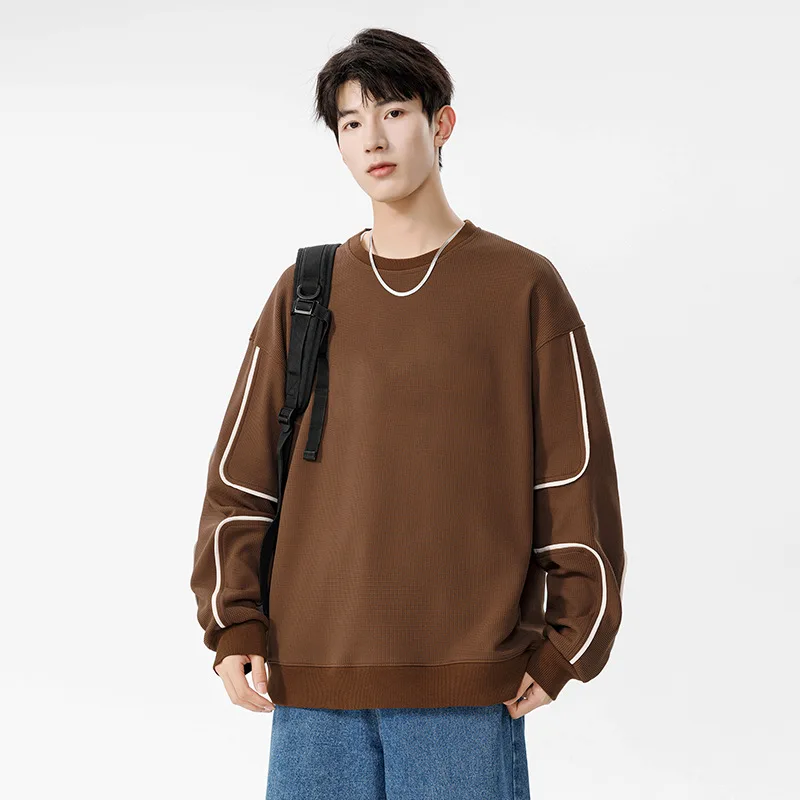 Men's Autumn Winter Solid Color Embossed Men 2025 New Korean Style Trendy Loose Pullover Crew Neck Sweatshirt