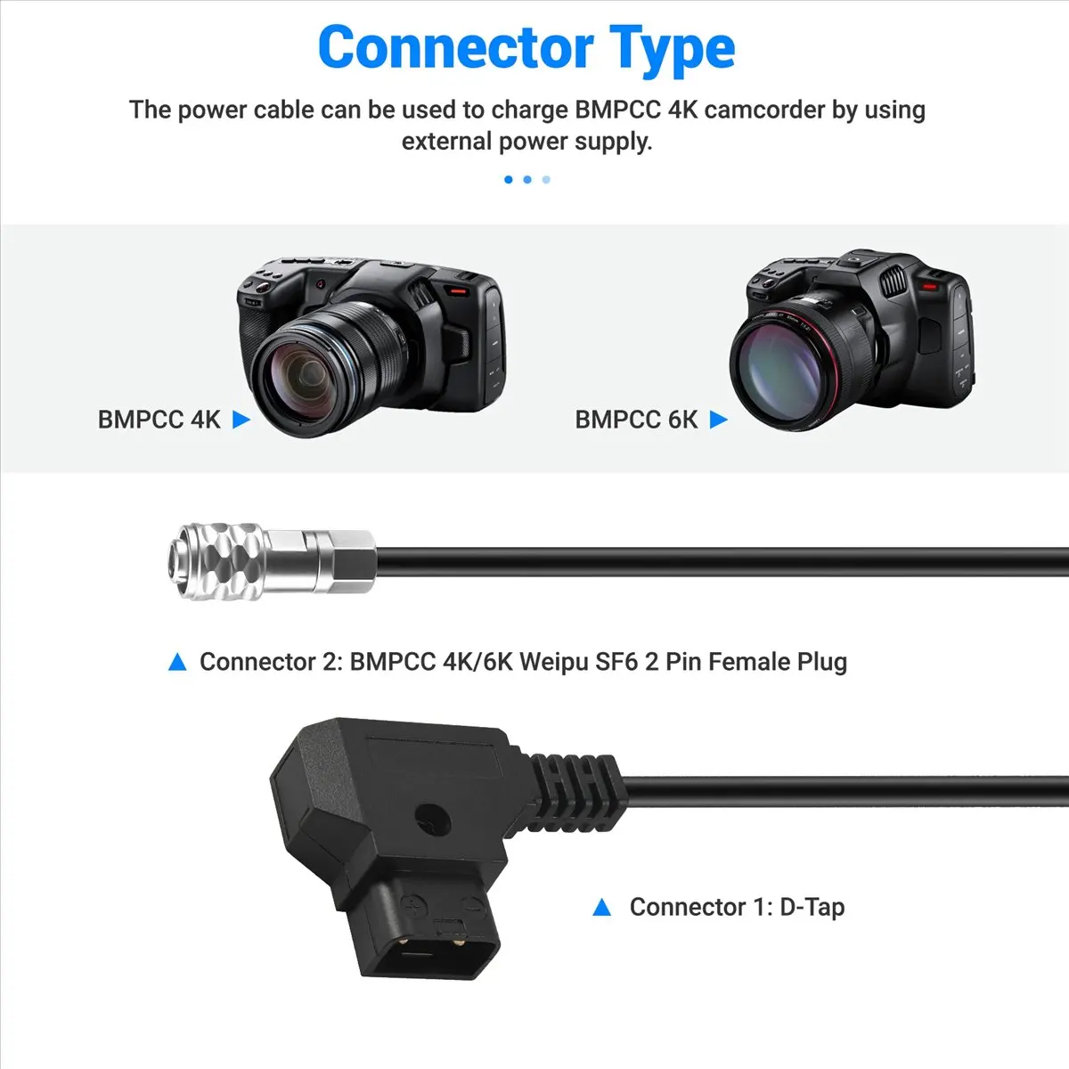 A14M D-Tap to BMPCC 4K 2 Pin Locking Power Cable for Pocket Cinema Camera 4K for V Mount Battery