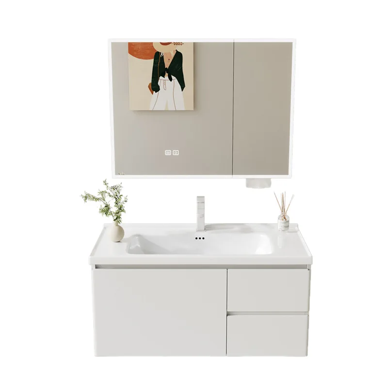 Stainless steel bathroom cabinet combination ceramic integrated washbasin with storage honeycomb aluminum mirror cabinet