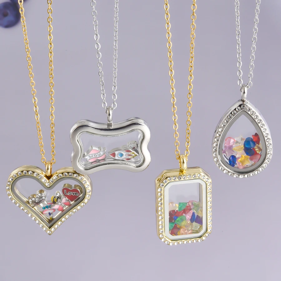 Floating Glass Alloy Locket Necklace Living Memory Charms Frame Photos Coin Holder Locket Pendant Necklaces For Women Men Collar