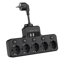 KR EU Plug Power Strip AC Outlet Multitap with Individual Switch 2 USB 2 Type C 16A Multiple Plugs Electrical Socket For Home