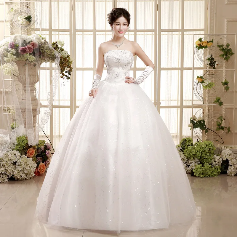 

It's Yiiya Cheap Wedding Dress Strapless Appliques Sequins Bling Lace up Princess Floor-length Plus size Women Ball Gown FH049