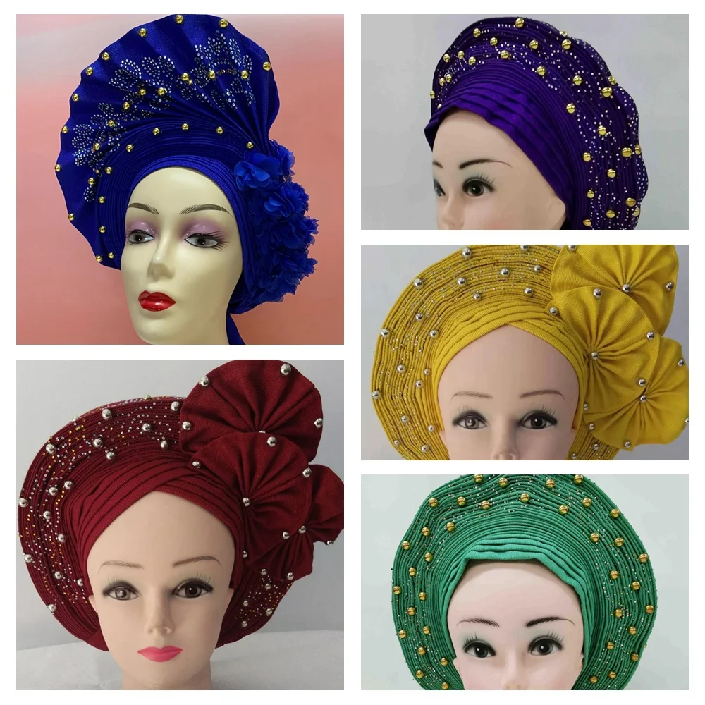 Wholesale Women Head Wrap African Aso Oke Gele Headtie Latest African Turban Cap Femme Auto Gele With Beads For Weddiing Party