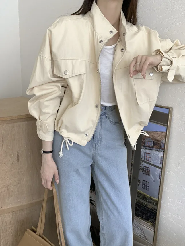 

Chic Autumnal Vintage Loose Fit Long Sve Stand Collar Double ket ort Coat for Women Single Button Versatile Outerwear