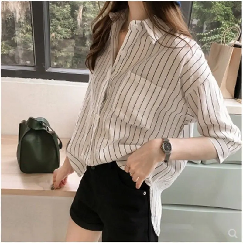 Office Lady Stylish Striped Blouse Spring Summer New 3/4 Sleeve Korean Loose Turn-down Collar Female Clothing Drawstring Shirt