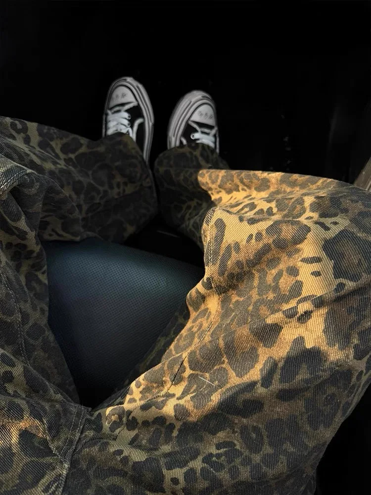 American Vintage Drape Leopard Print Jeans Women Hip Hop Wide Leg Trousers Loose Straight Casual Denim Pants Streetwear