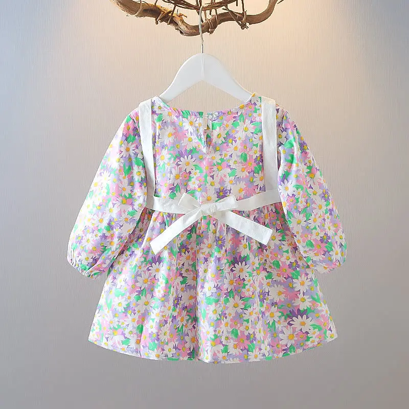 Girls' Floral Printing Two-piece Cover A-line Dresses Round Neck Zipper Nine Points Sleeve Casual Kids Clothes Princess Dress