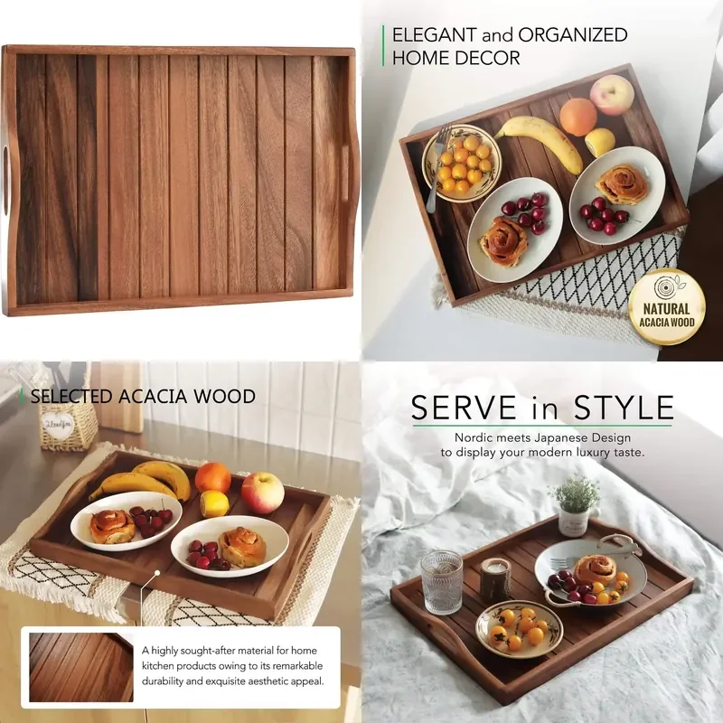for Large Acacia Wood Disposable Tray with Handle Oversized Decorative Serving Platter  Coffee Table Footstool Living Room