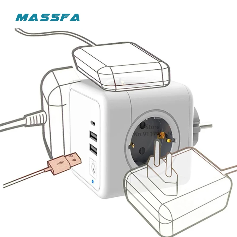 Massfa EU Wall Socket Extender with 4 AC Outlets 2 USB +1 USB-C Power Strip Switch Adapter Overload Protection for Home/Office