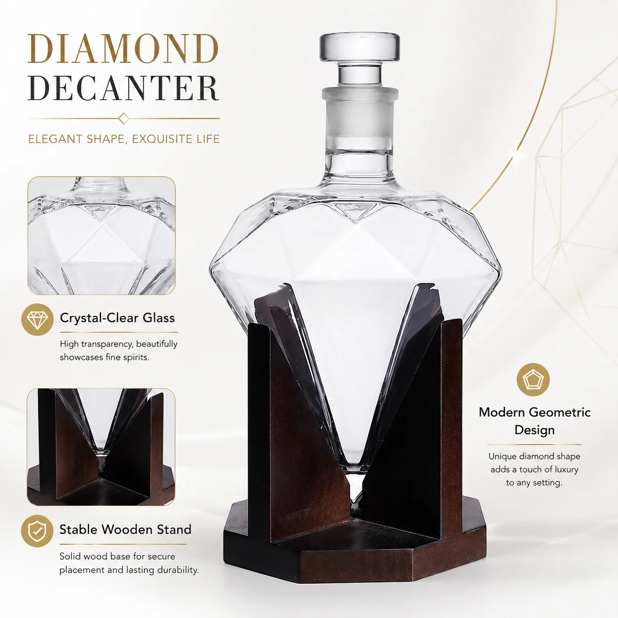Diamond Shape Glass Decanter with Wooden Stand, Whiskey Liquor Bottle with Glass Stopper for Home Bar Decor