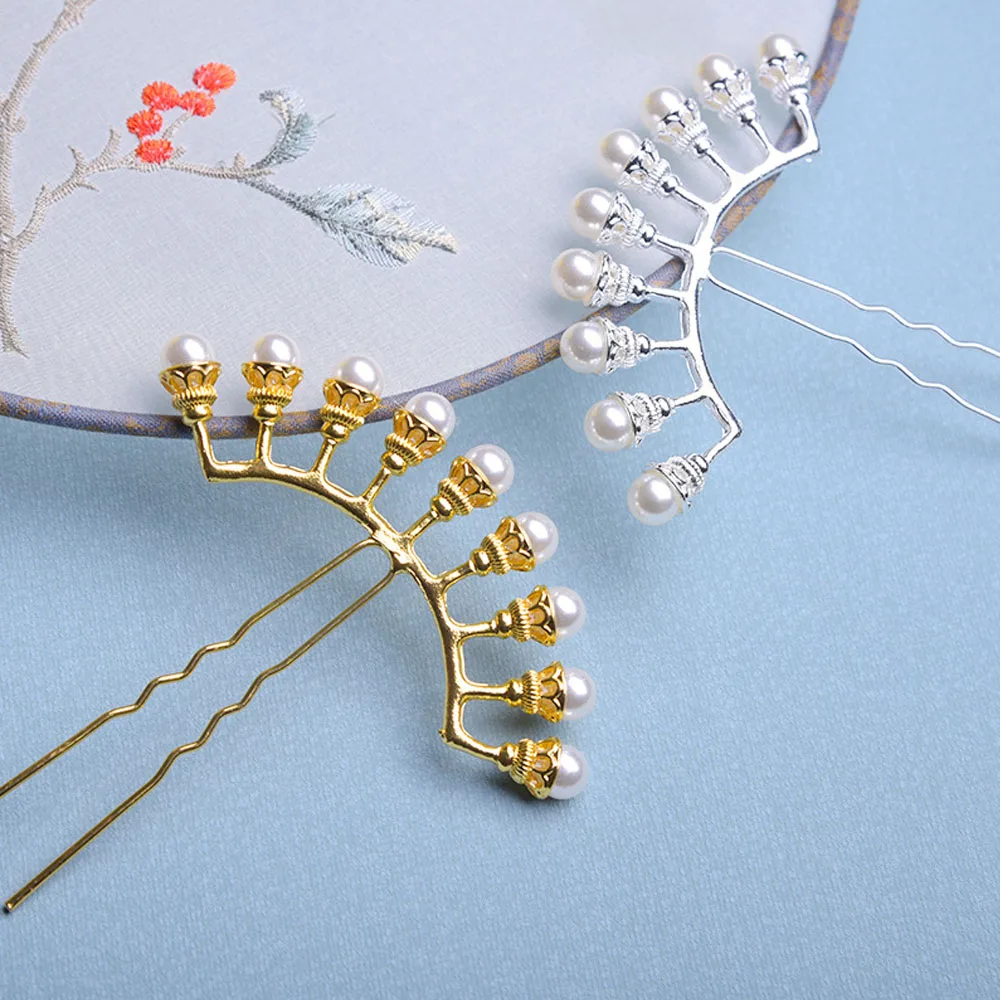 

Kimono Super Fairy Crystal Petals Bridal Women U-shaped Hanfu Hair Sticks Hair Accessories Pearl Row Hairpin Hair Forks