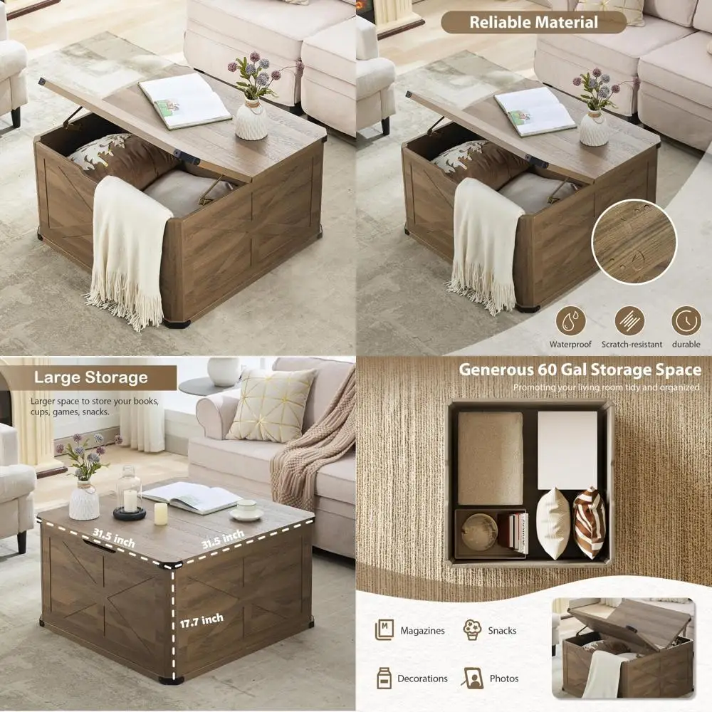 

Rustic Modern Farmhouse Coffee Table - Large Square Storage, Flip-Top Design