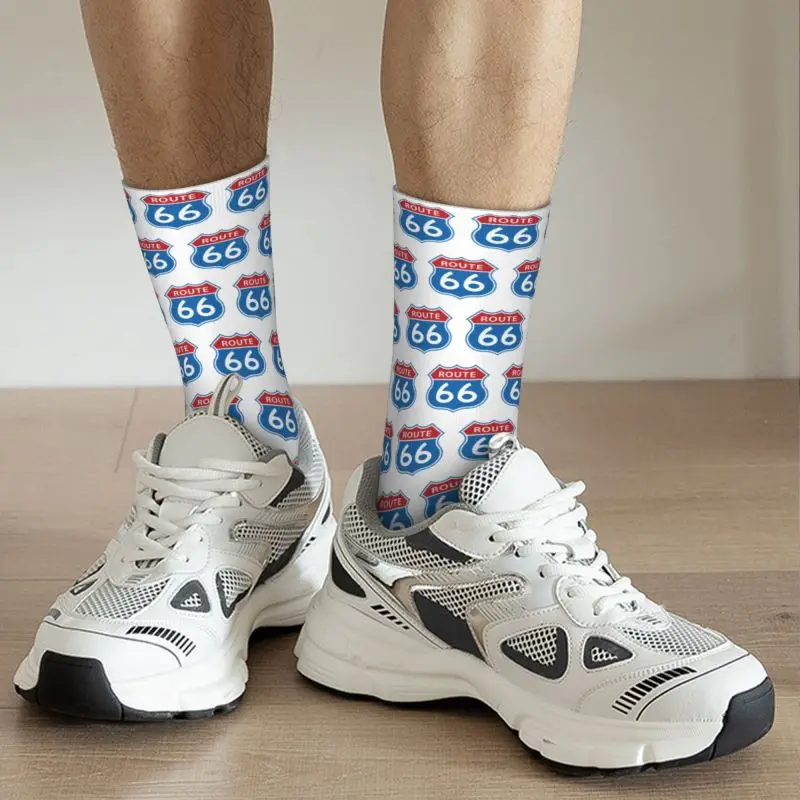 Cute Printed Route 66 Socks for Women Men Stretchy Summer Autumn Winter Americas Highway Crew Socks