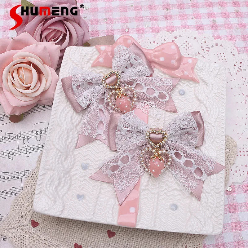 Lolita Sweet Hair Clips for Women Cute Lace Edge Handmade Original Kawaii Strawberry Love Pearl Pendant Bow Barrettes Accesorios