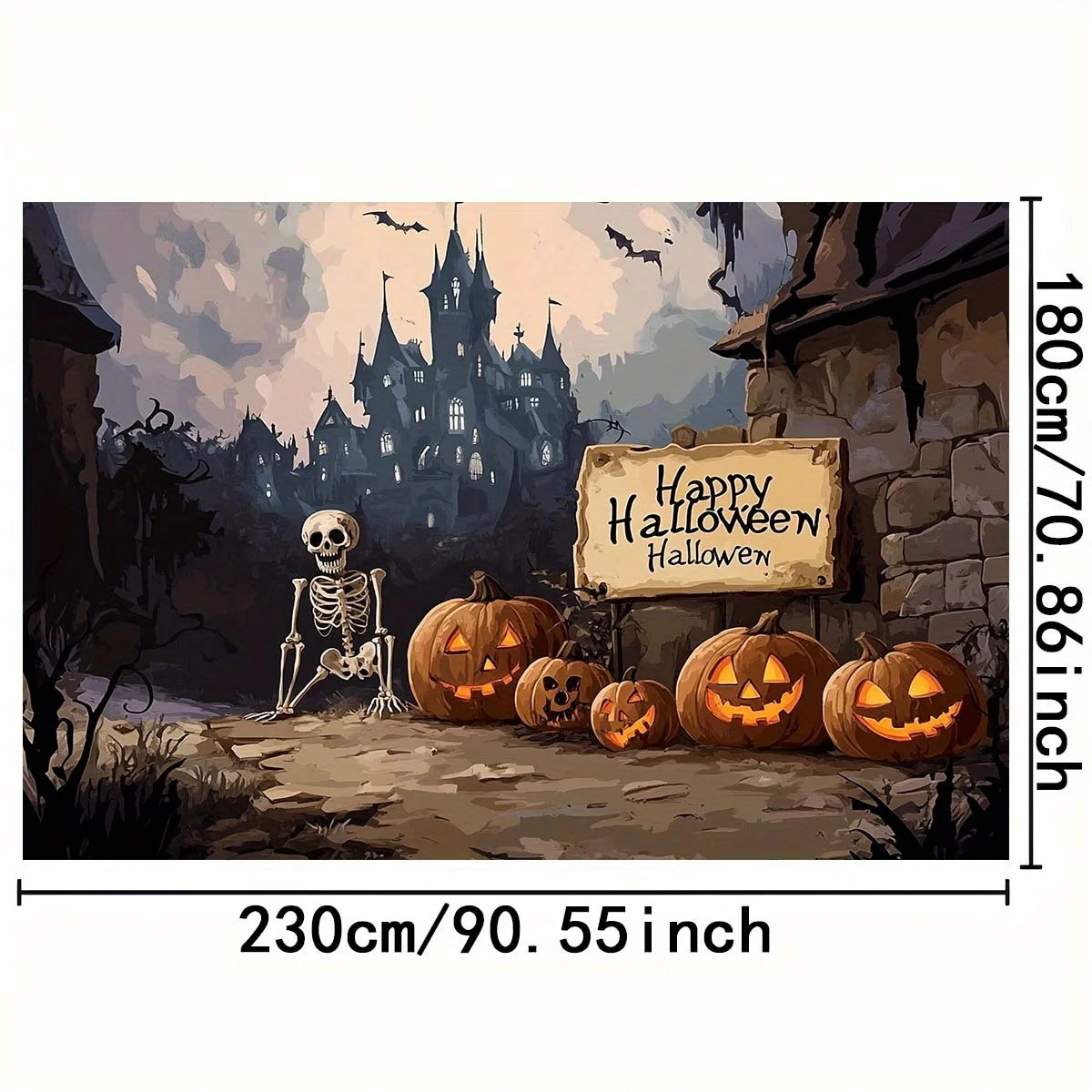 قطعة واحدة من خلفية الهالوين الهوائية مع بيت الأشباح والهيكل العظمي وديكورات اليقطين - احترافية