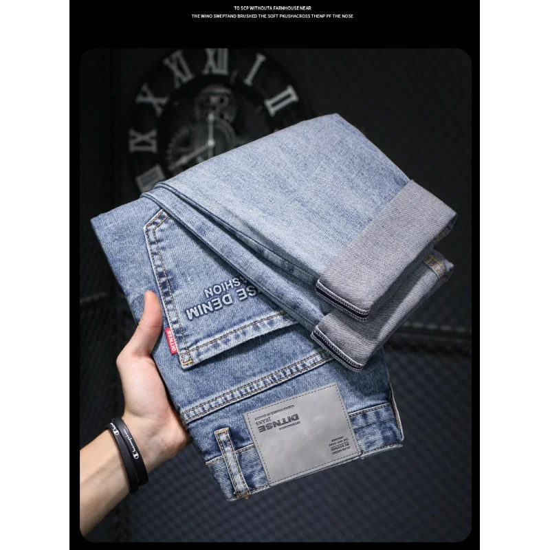 

Letter Printed Washed Jeans Men's High-End Light Blue Stretch 2024 Fashion Men's Slim-Fitting Small Straight Trousers