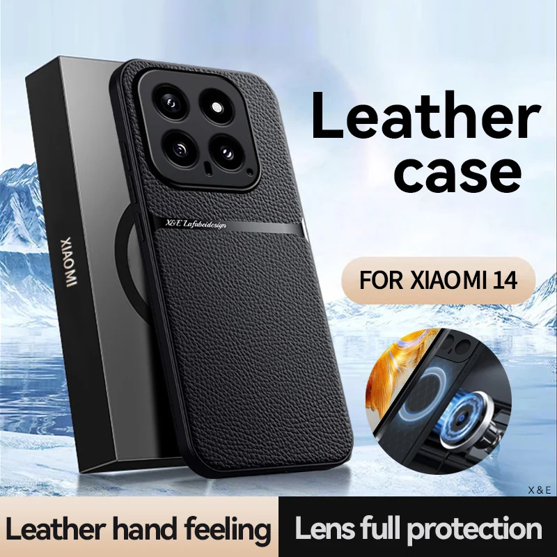 High Grade Luxury Magnetic Car Holder Leather Case For Xiaomi 14  Silicone Protective For Xiaomi 14Pro Back Cover