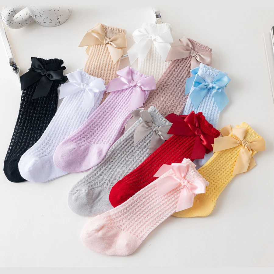 Spring Summer Solid Color Baby Knee High Long Socks Breathable Mesh Bow Stockings Newborn Infant Toddler Cotton Princess Socks