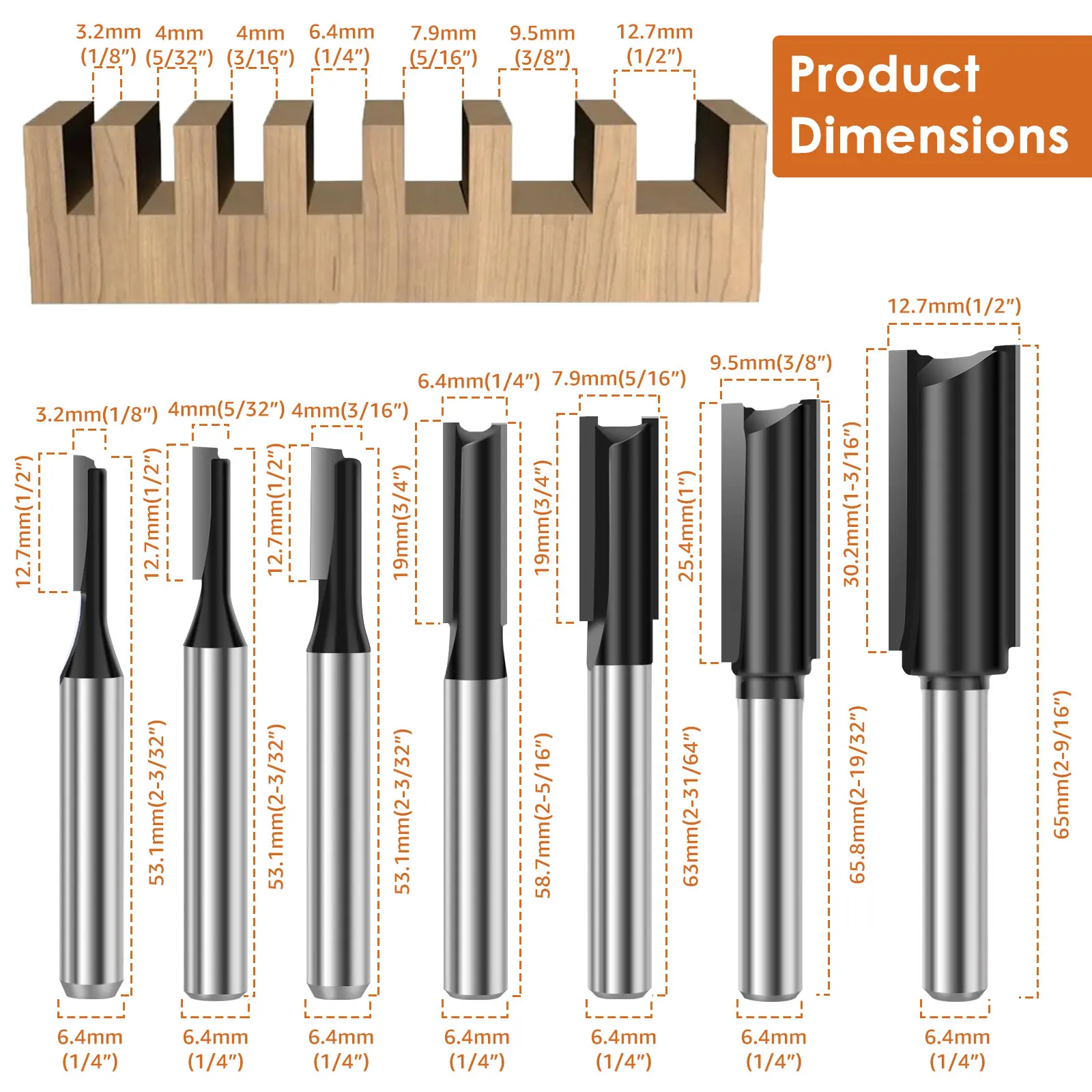 7Pcs Straight Router Bit Set 1/4 Shank Bit 1/8