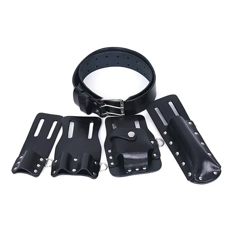DT36 5 Piece Set of Genuine Leather Scaffolding Belt, Genuine Leather Removable Tool Belt. Black