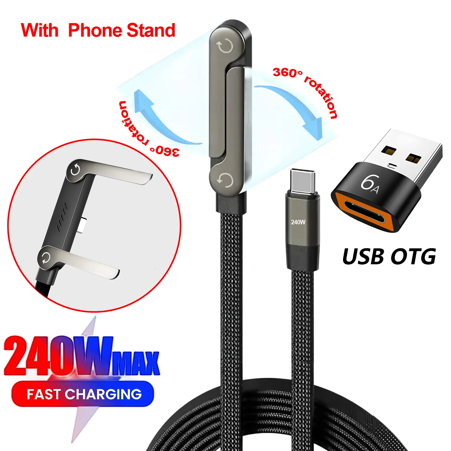 

2-IN-1 USB Type-C Cable Foldable Mobile Phone Holder 240W Fast Charge Data Cable Multifunction Phone Charge Bracket PD USB OTG