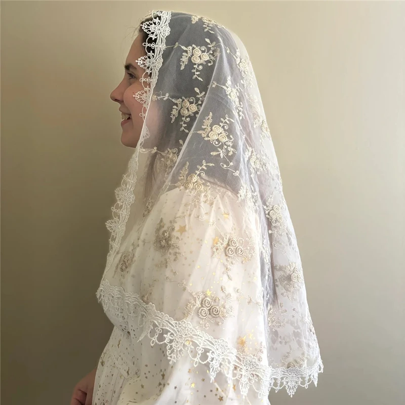 Champagne Ivory D Shape Inspired Embroidered Mantilla Veils Catholic Mass Chapel Women Head Covering Spanish Vintage