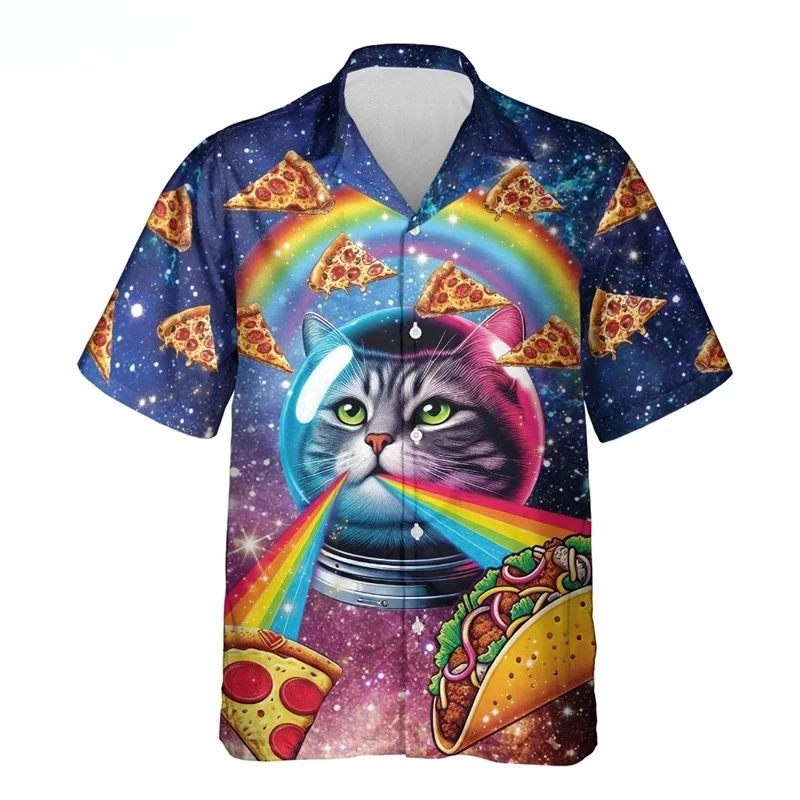 2025 Men's Hawaiian Beach Shirt 3D Print Funny Cat Taco Pizza Tee Tops Short Sleeve Button Down Holiday Aloha Shirts Streetwear