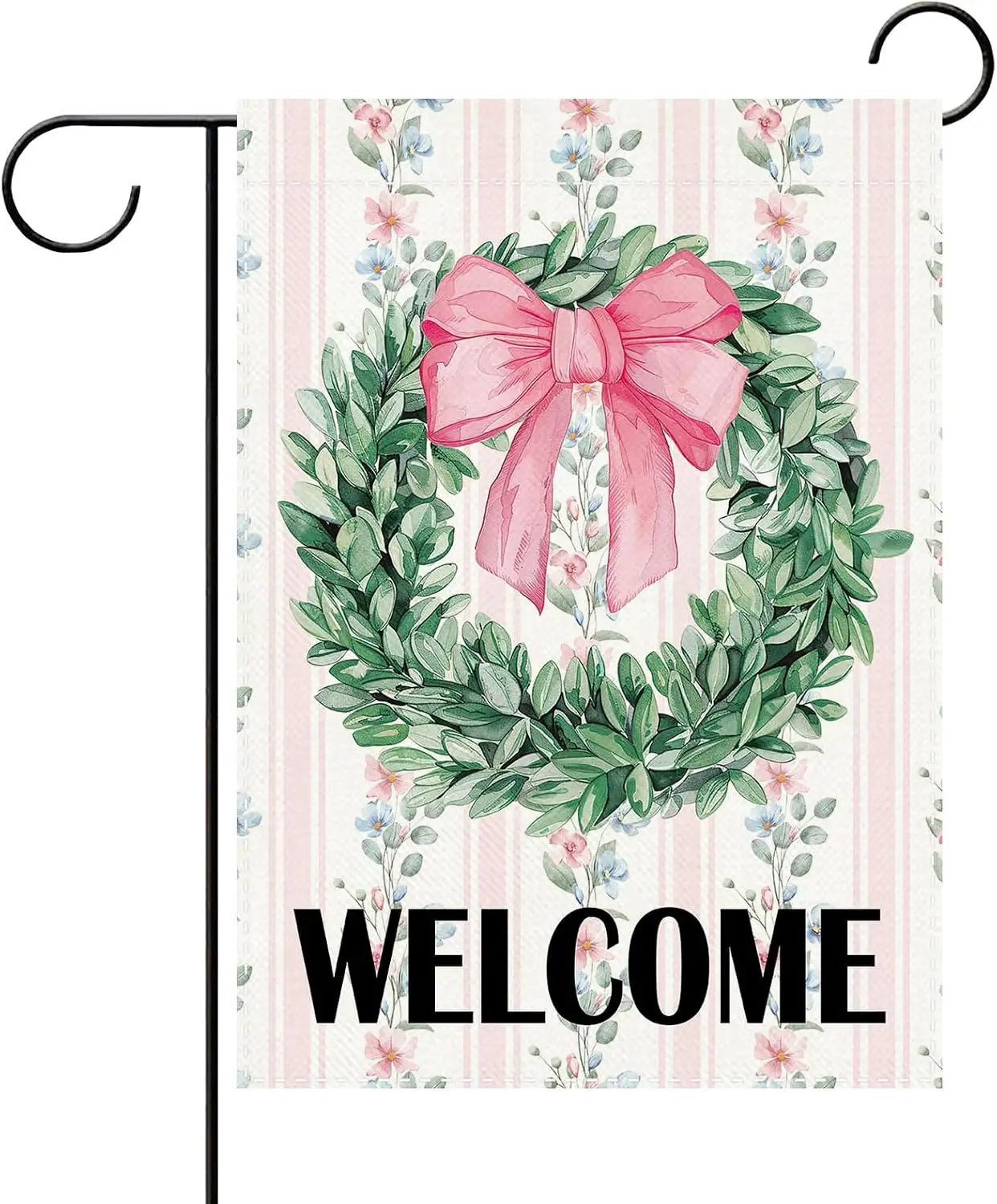 Pink Bow Greenery Wreath Welcome Garden Flag, Grandmillennial Floral | Coquette Ribbon Preppy Small Yard Outside Decoration, uui
