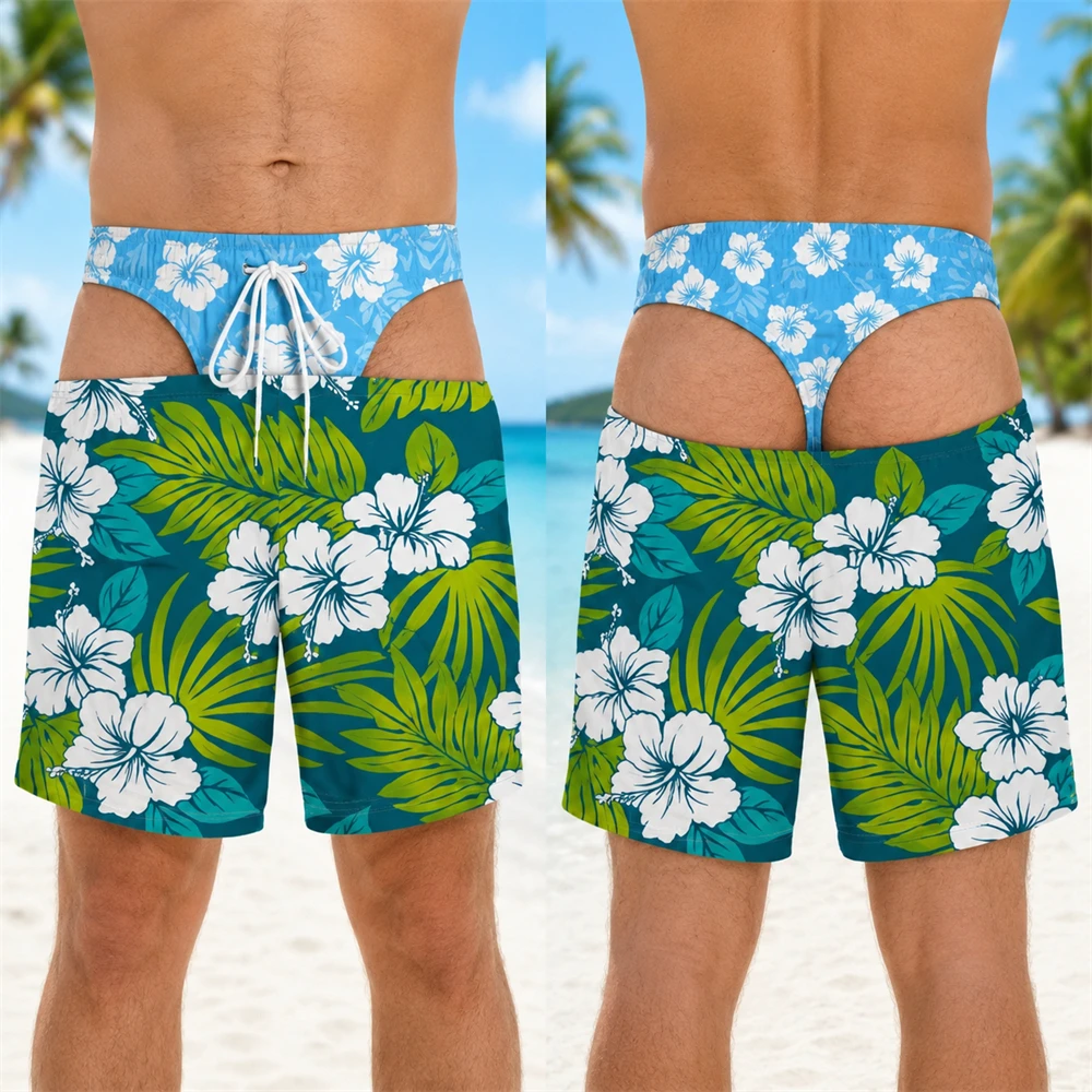 Hawaii Floral Plant Print Men Funny Swim Trunks 3D Print Fun Fake Buttock Skin Pattern Design Summer Beach Party Short Viral