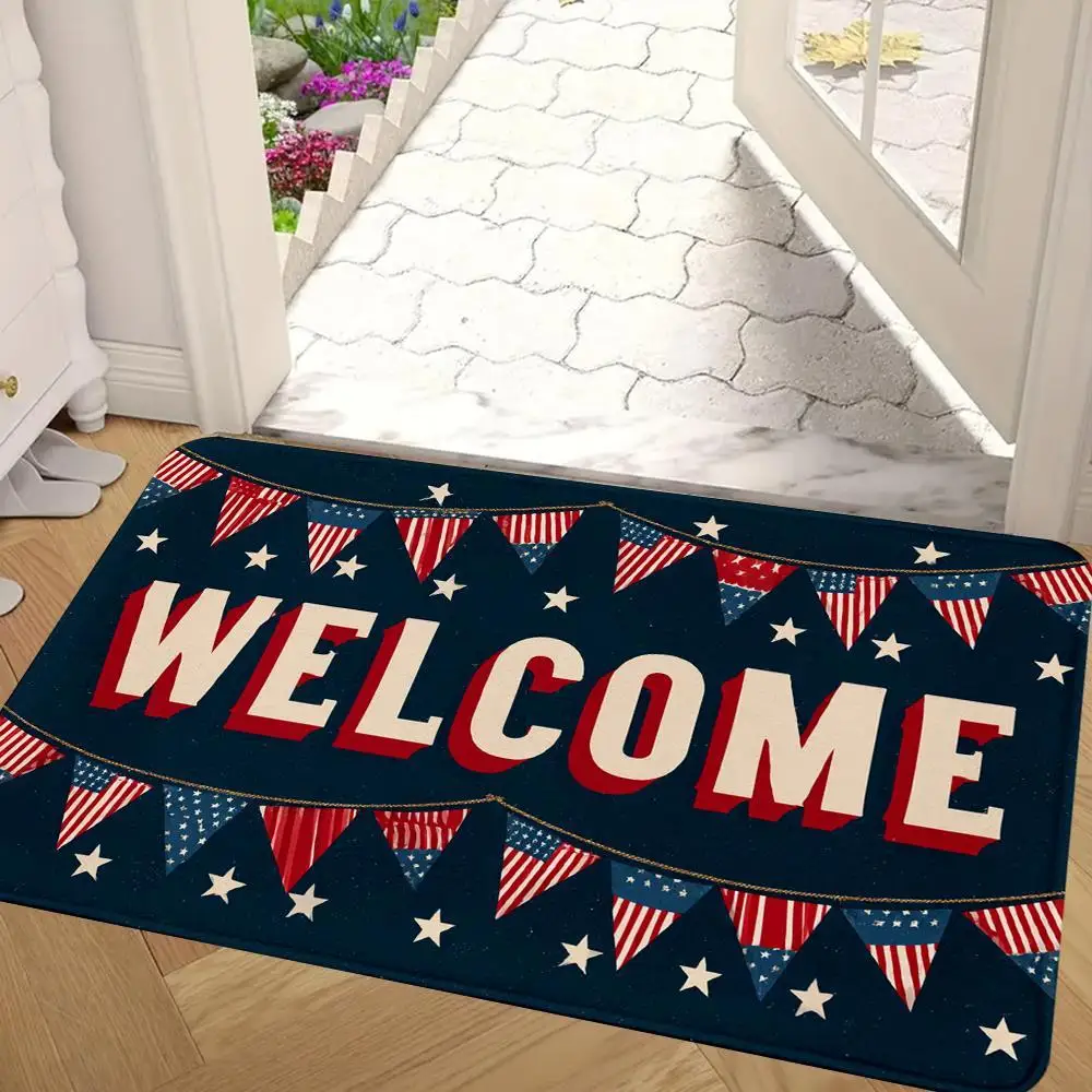 VIKAMA American Flag Bunting Welcome Doormat, Non-Slip Floor Mat for Entryway with Patriotic Home Decor, Bedroom Kitchen