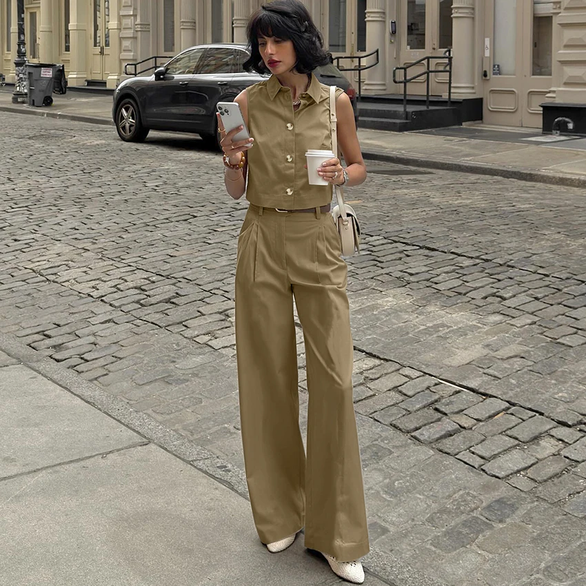 

Linad Office Wide Leg Long Pants Suits Street Chic Button Up Vests With High Waist Pant 2 Piece Sets Summer Casual Khaki Outfits
