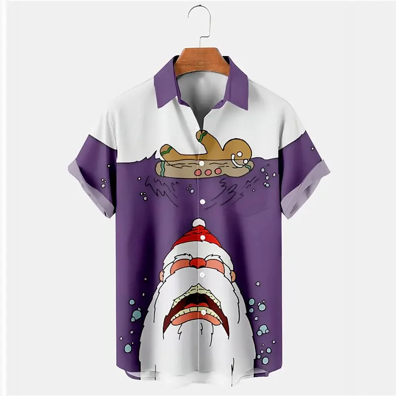 Camicia natalizia casual con stampa 3D di Babbo Natale e omino di pan di zenzero Cardigan con risvolto da uomo Camicia da uomo di Capodanno allentata casual di alta moda
