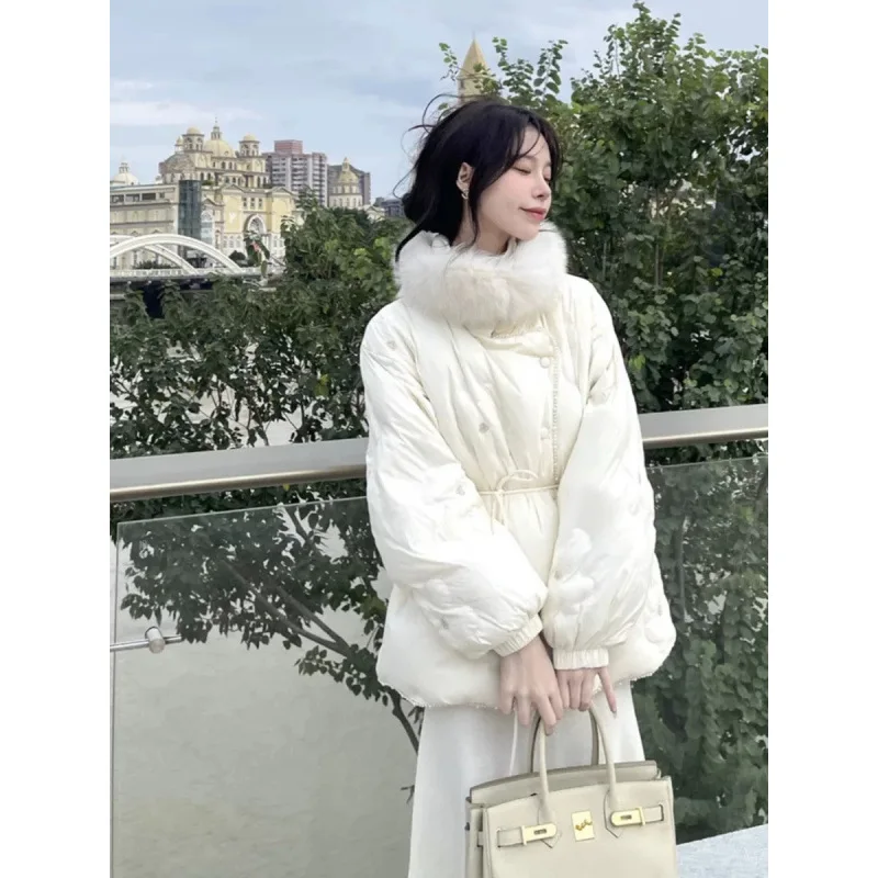 

New Short And Light Down Jacket For Women, Winter Mini style Cinched Waist, White Duck Down