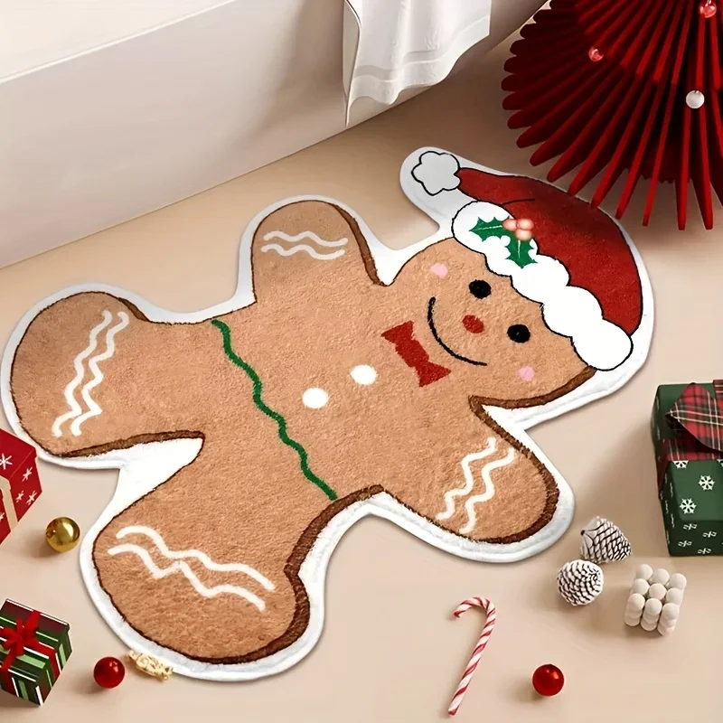 Christmas Gingerbread Man Shaped Rug Cookie Figure Holly And Bow Pattern Non Slip Floor Mat For Bedroom Space