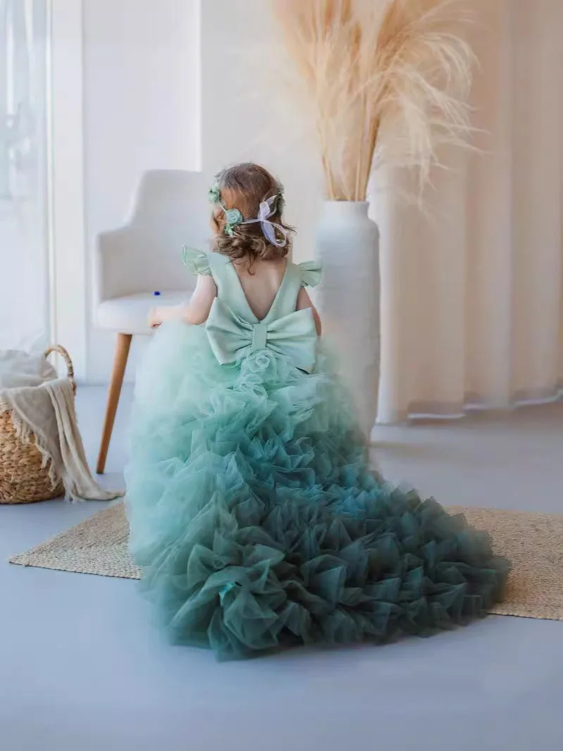 Maßgeschneiderte elegante Blumenmädchenkleider mit O-Ausschnitt und kurzen Ärmeln, bodenlang, gestuft, A-Linie, Festkleid, Abendkleid – Detail 9