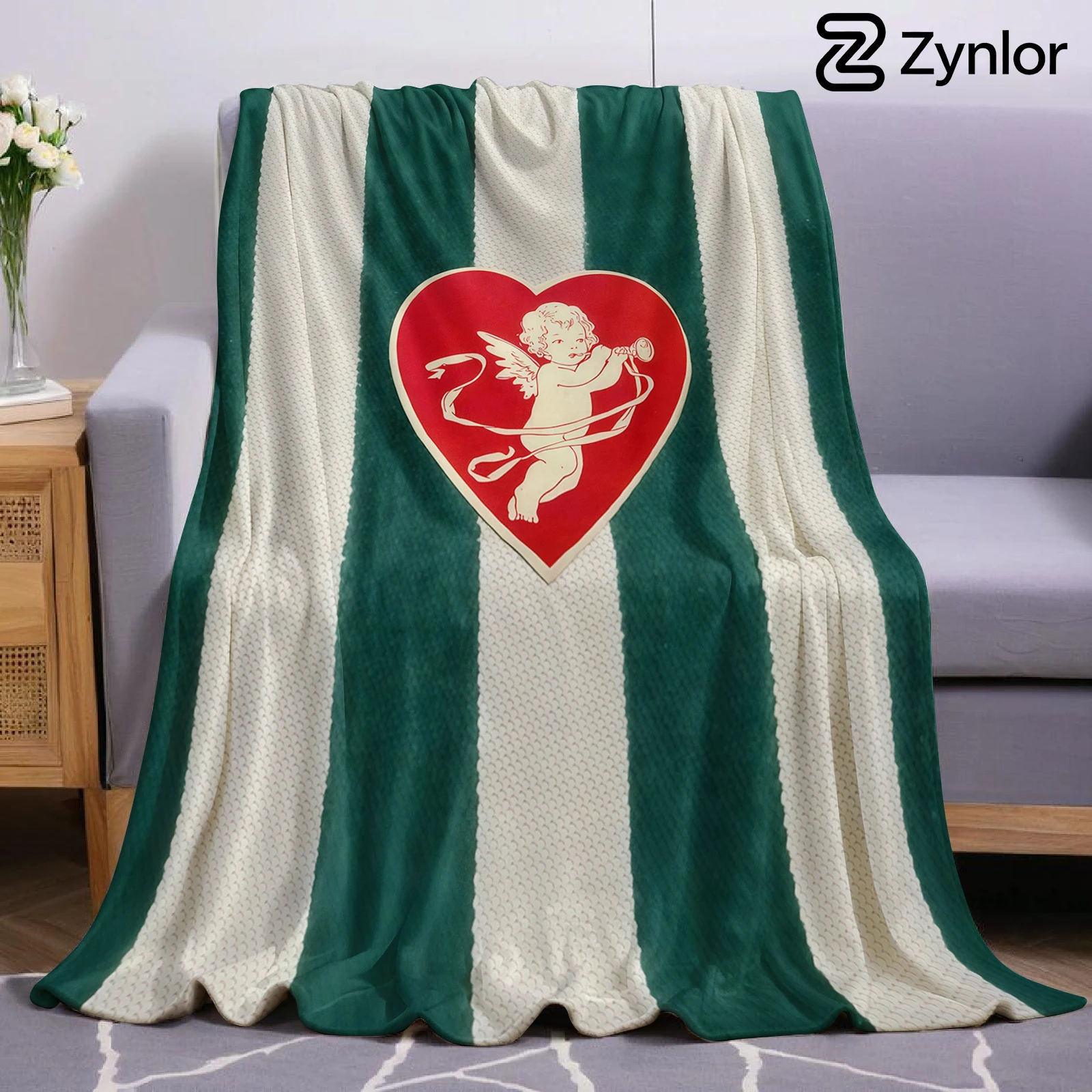 Cupid Heart on Stripes Cartoon Anime Print Flannel Blanket Soft Warm Throw for Kids Bedroom Sofa Bed Christmas Office Car