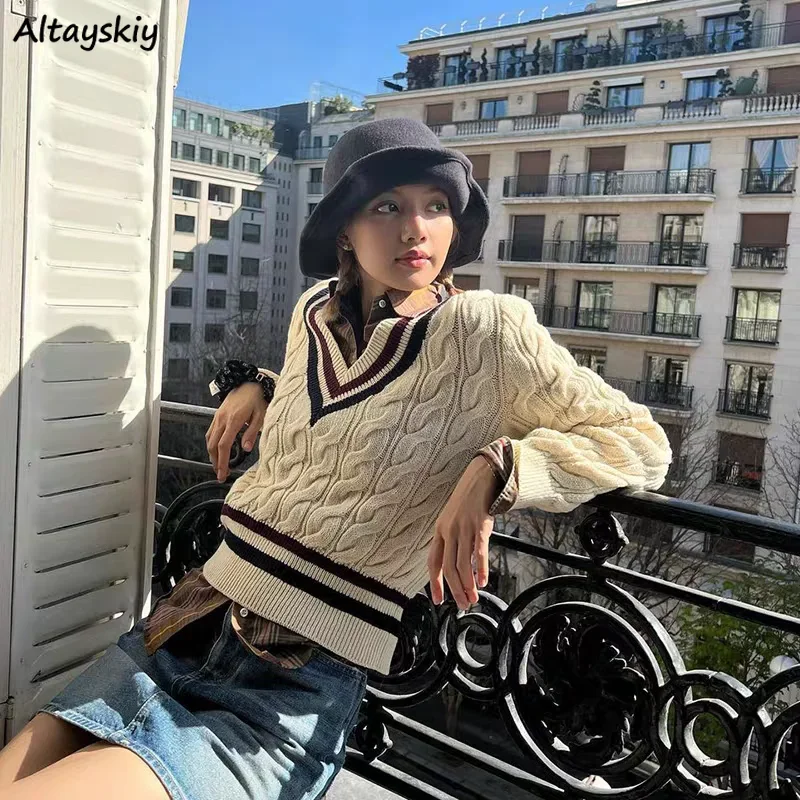 

V-neck Sweaters Women Preppy Style Basic Autumn Winter Fashion Striped Design Knitwear Girls All-match Loose Tender Slouchy Chic