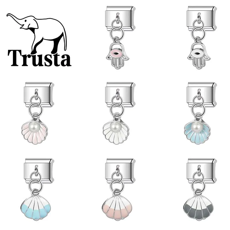 Trusta 2024 Fashion Shell Eye Charm Italian Links 9mm Bracelet Stainless Steel for Girls Birthday Party Gift DIY Jewelry N198