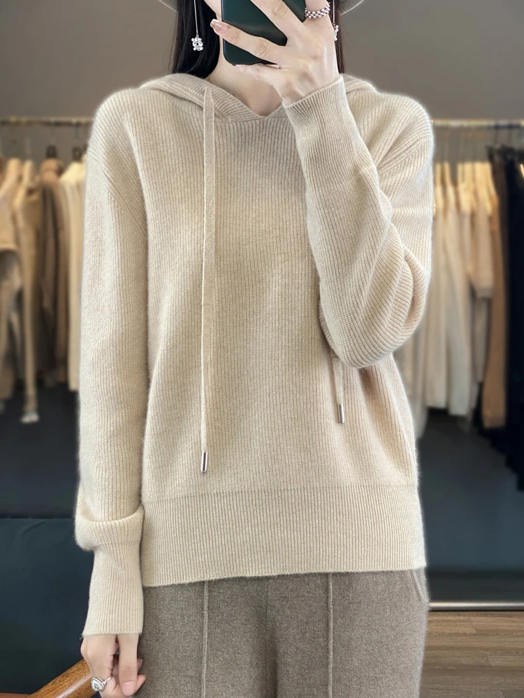 

Классический осенне-зимний женский свитер, трикотаж из 100% мериносовой шерсти, пуловер с капюшоном, толстые толстовки, одежда с длинными рукавами, кашемировые топы