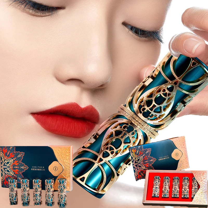 Carved Lipstick 5PCS Nude Velvet Silky Color Vintage Flower Lip Gloss Long Lasting Non-stick Cup Red Lip Tint Cosmetics Makeup