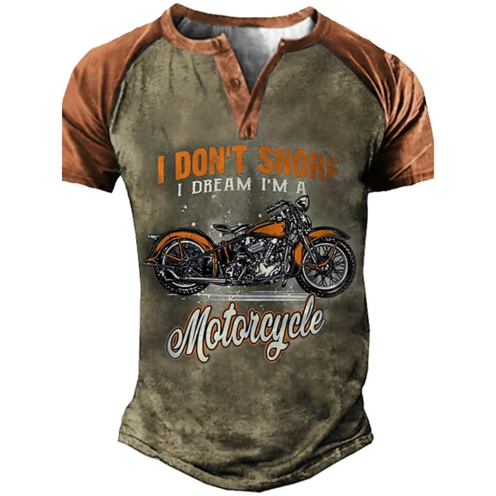 Vintage Henley Shirts Motorcycle 3D Printed Men\'s Fashion Streetwear Oversized Short Sleeve T-Shirts Men Tees Tops Clothing