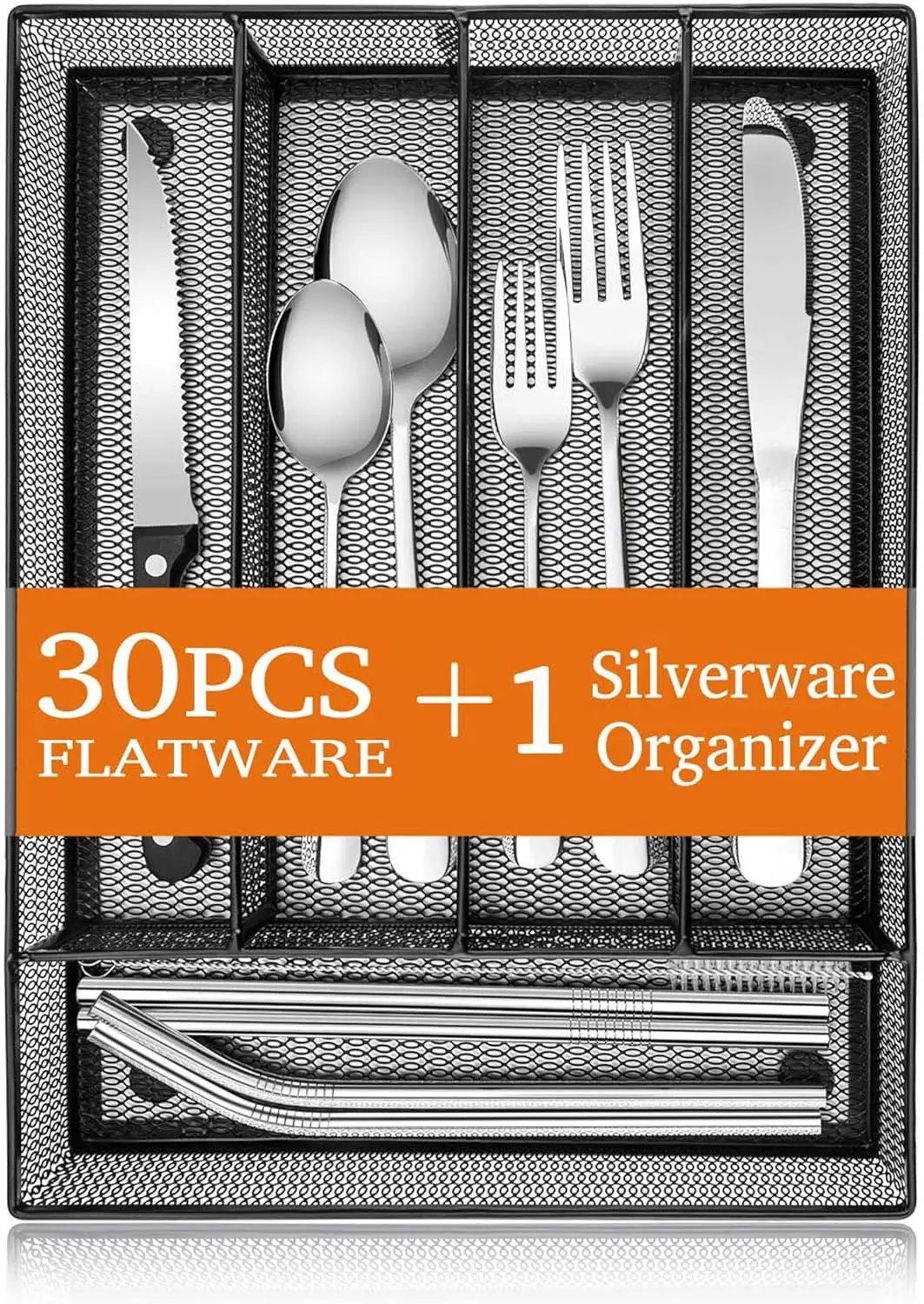 

Silverware Set, Stainless Steel Flatware Cutlery Set Service for 4 with Mesh Utensil Drawer Organizer, Include Forks/Spoons/Kniv