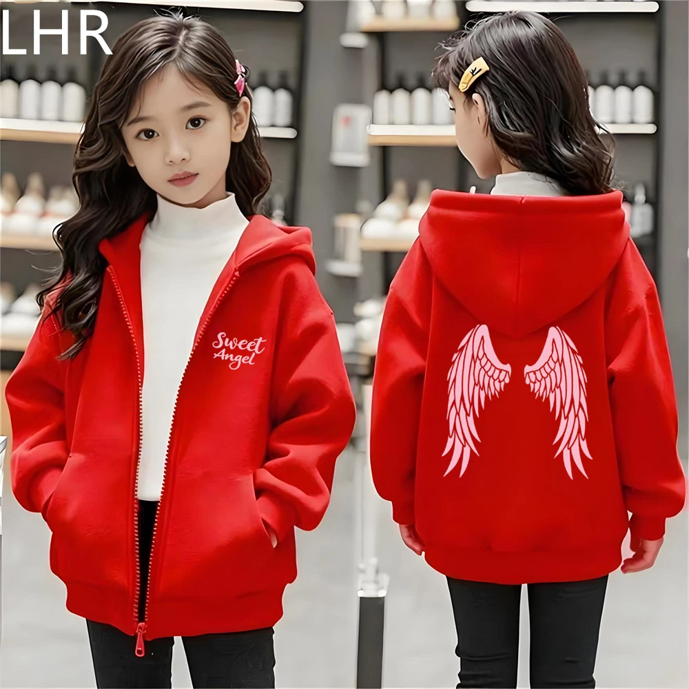 Children Zipper Style Coat Angel's Wings Stamp Girls Hoodies Boys Age 3-12 Kids Black Pink Purple Long Sleeves Autumn Clothing