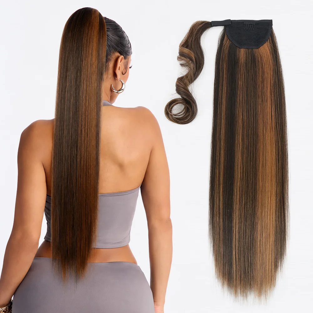 Julianna Wholesale High Quality Fiber Yaki Straight Clip in Hairpieces Synthetic Wrap Around Ponytail Extensions Pack Hair